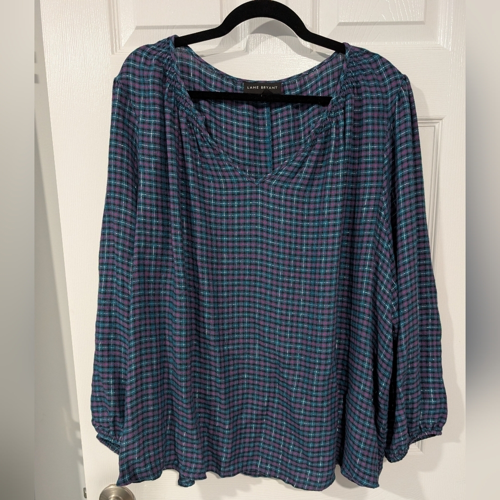 Lane Bryant Teal Blue, Pink, Black and Silver Plaid Split Neck Blouse in Size 22